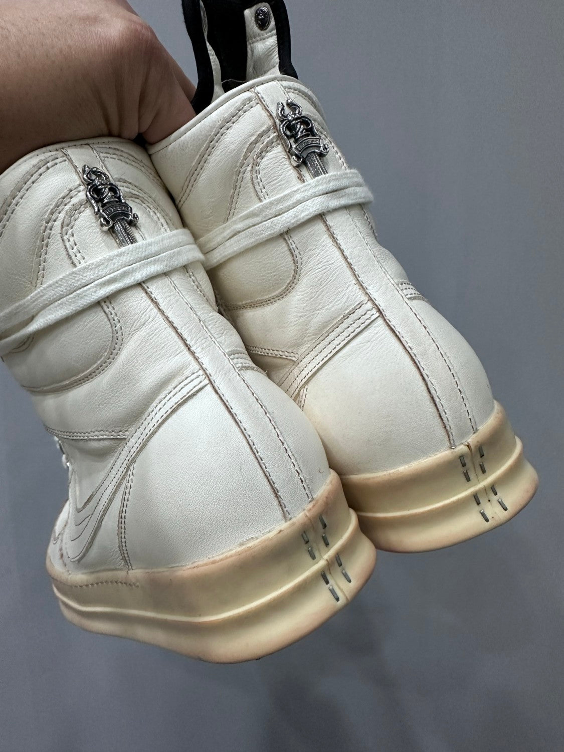 Rick Owens x Chrome Hearts Geobasket Men's And Women's Solid-colour Leather High-top Lace-up Side Zip Casual Shoes #77726
