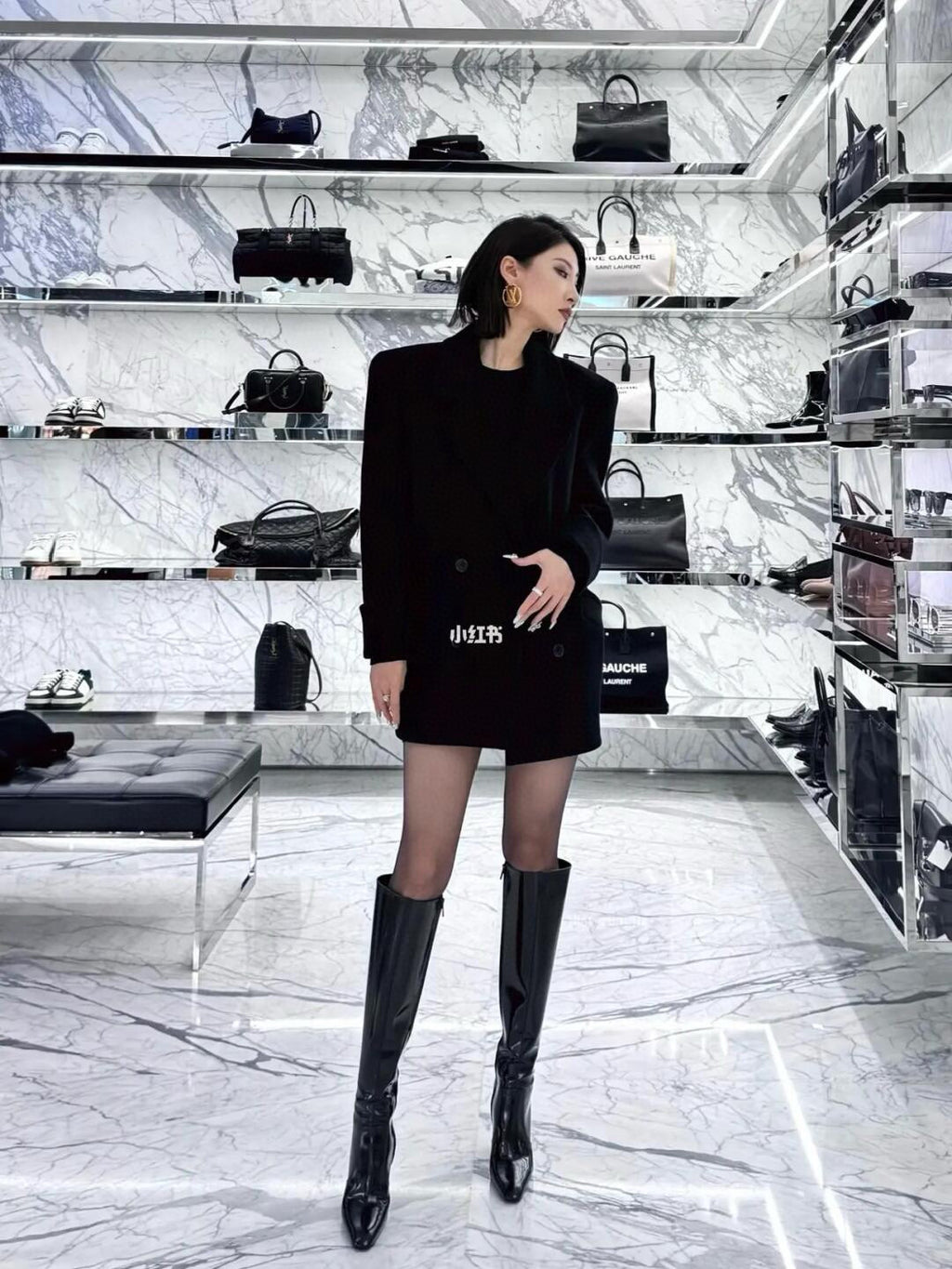 Saint Laurent Women's Autumn/Winter Leather Square Toe High Boots Solid Color Zipper Retro Chunky Heel High Heels Heel Height 11cm #81491
