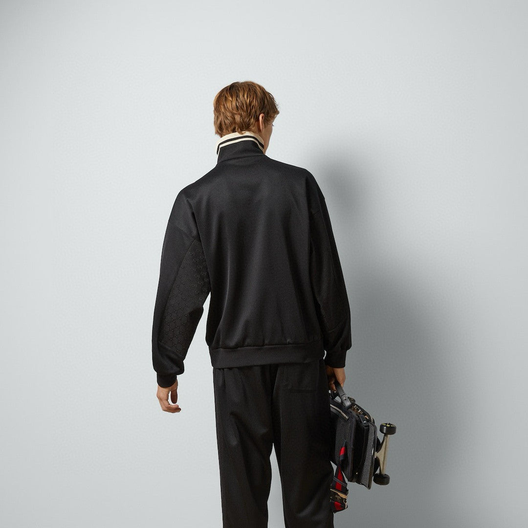 Gucci Men's Spring and Autumn Black Logo Embroidery Zipper Standing Collar Long Sleeve Jacket Elastic Knit Sweatpants Pants Suit Set #98786