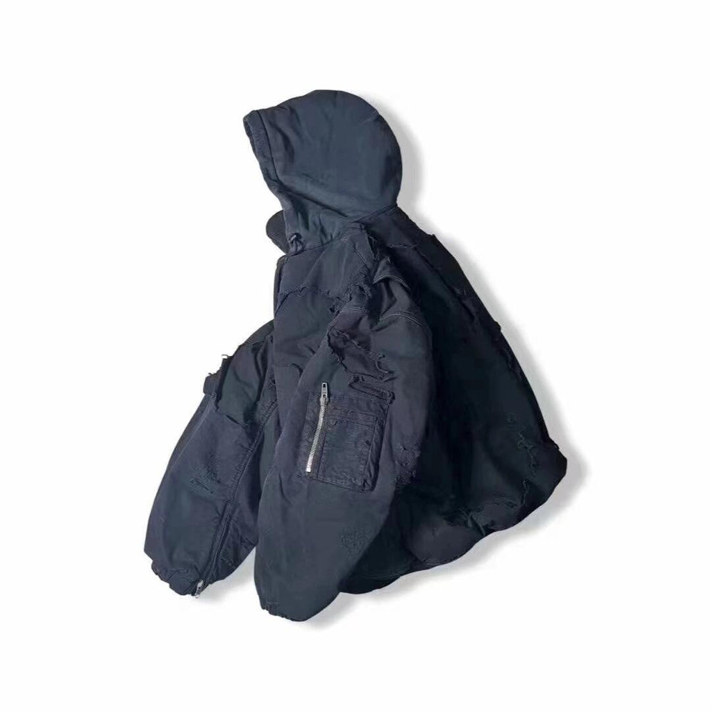 Balenciaga Men's Big Destruction Distressed Flight Suit Hooded Lamb collar zippered jacket #332593