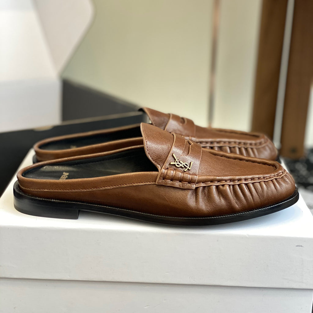 Saint Laurent LE LOAFER Women's Fashion Casual Round Toe Slip On Half Slip On Logo Leather Loafer Mule Shoes #78444
