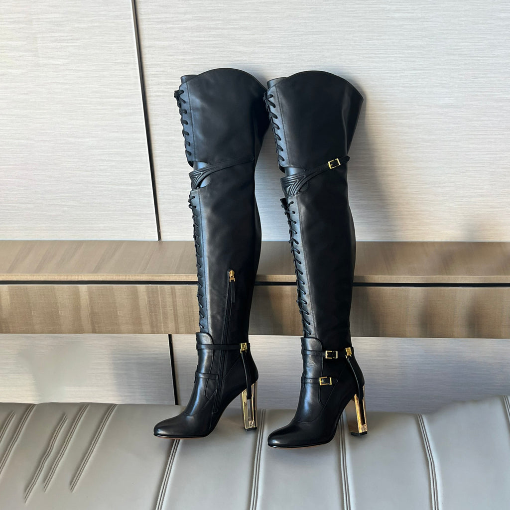 FENDI Women's Classic Solid Color Round-Toe Calfskin Over The Knee Boots For Fall/Winter Shoe #78957
