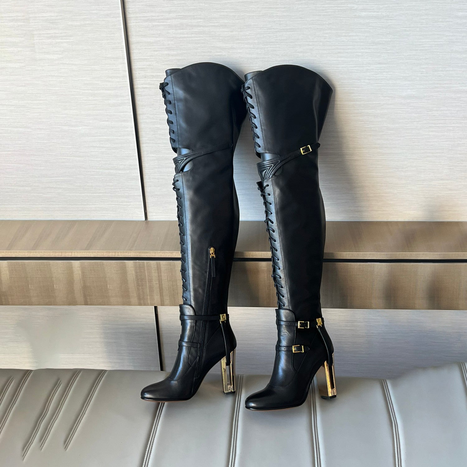 FENDI Women's Classic Solid Color Round-Toe Calfskin Over The Knee Boots For Fall/Winter Shoe #78957