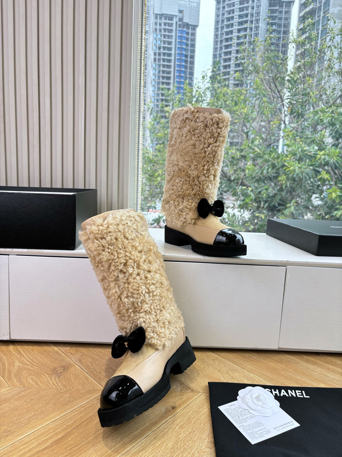 Chanel High Boots Shearling Lambskin Calfskin Lambskin Patent Calfskin Beige Black #334245