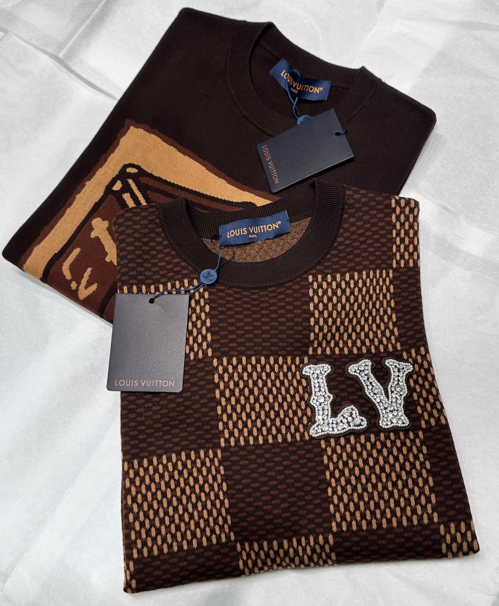 Louis Vuitton Men's Summer Brown DAMIER LV Faux Crystal Logo Checkerboard Cotton Short Sleeve Round Neck T-Shirt #98212