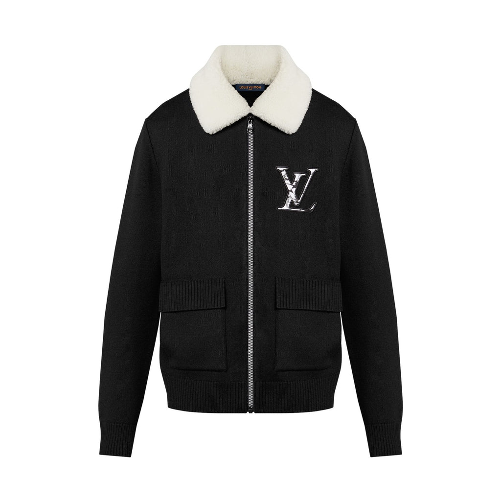 Louis Vuitton Men's Fall/Winter Wool Blouson With Shearling Collar Black Logo Pattern Jacquard Lapel Sheep Zipper Jacket #98114