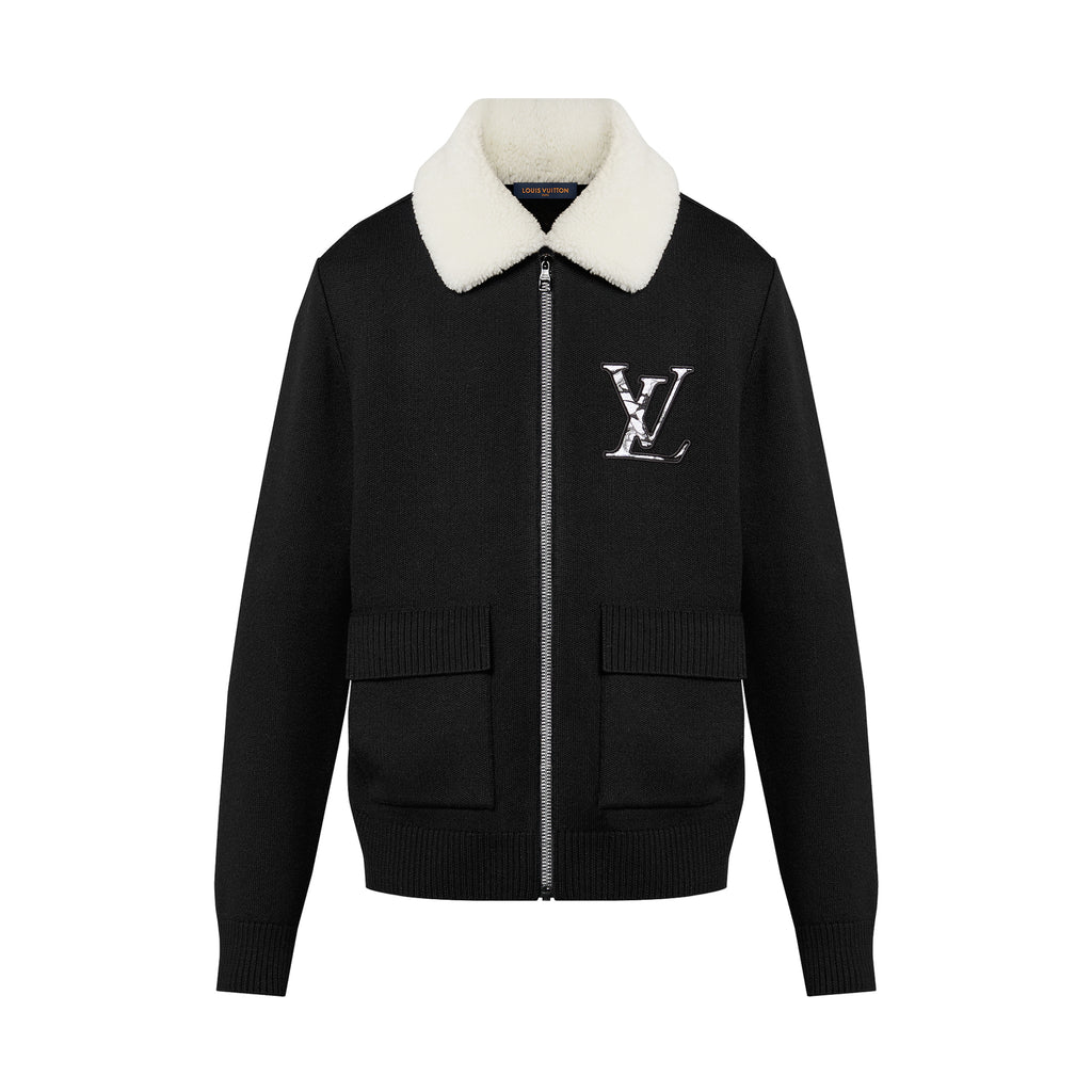 Louis Vuitton Men's Fall/Winter Wool Blouson With Shearling Collar Black Logo Pattern Jacquard Lapel Sheep Zipper Jacket #98114
