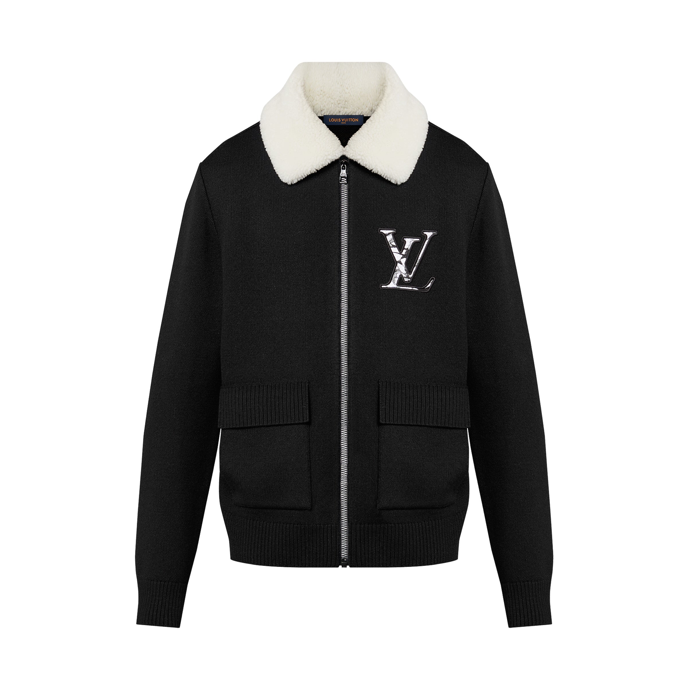 Louis Vuitton Men's Fall/Winter Wool Blouson With Shearling Collar Black Logo Pattern Jacquard Lapel Sheep Zipper Jacket #98114