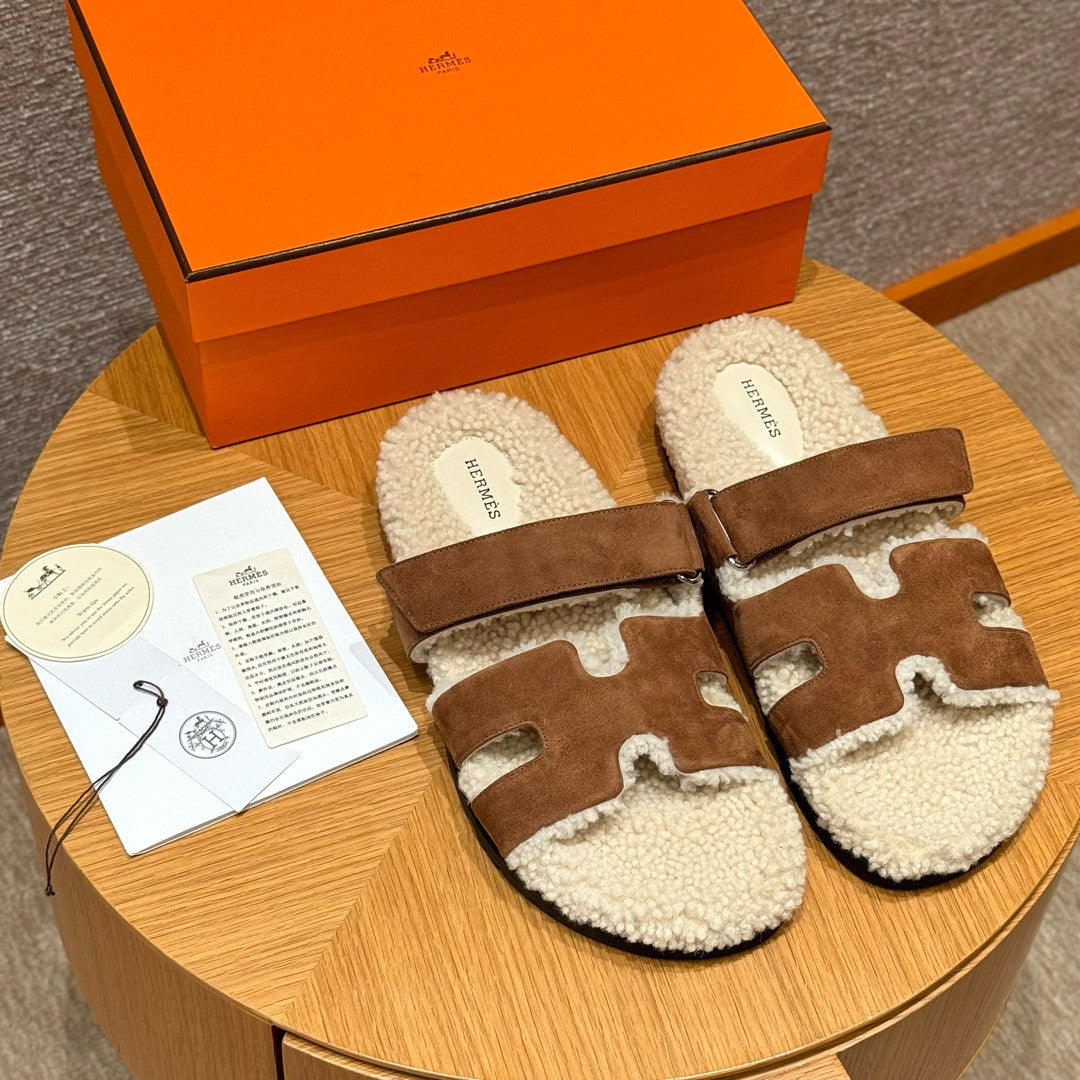 Hermes Chypre Men's And Women's Spring/Fall Fashion Casual Suede Shearling Flip Flop Sandals Shoes #78741