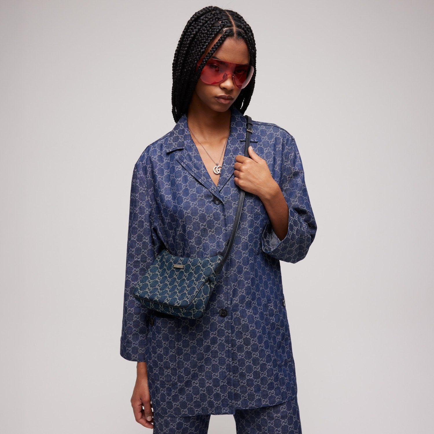Gucci Lady Lunetta Collection Small Shoulder Bag Deep Blue Gg Denim Sand Brown And Dark Brown Classic Elegant And Stylish Shoulder Bag Bags 874743FAF7X2543 #84293A