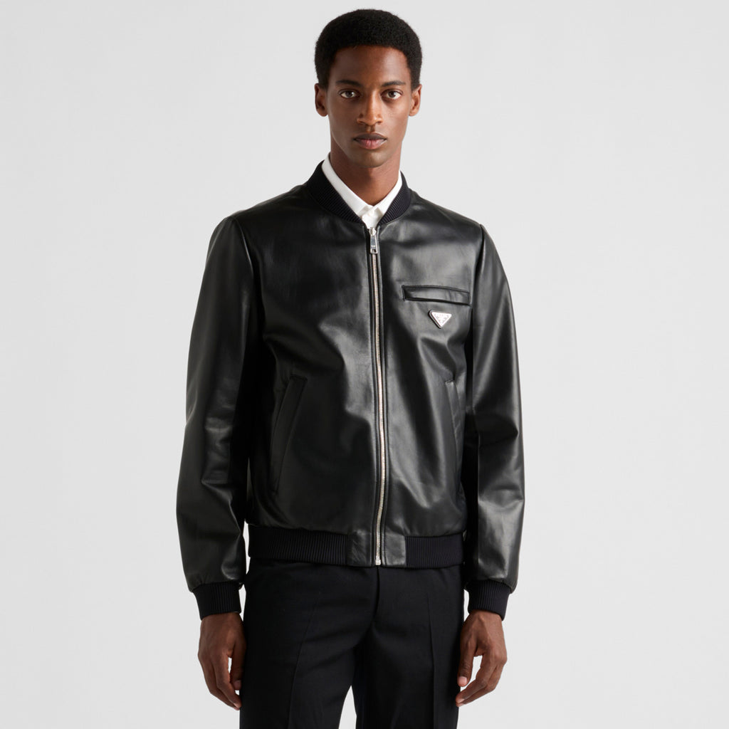 Prada Men's Fall/Winter Fashion Classic Solid Color Leather Crew Neck Zip Up Reversible Leather Plain Weave Jacket #79345