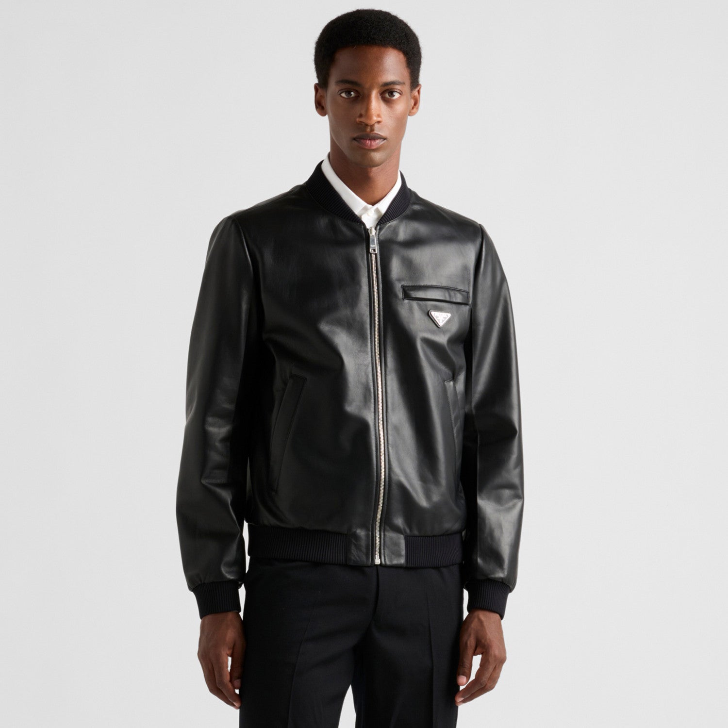 Prada Men's Fall/Winter Fashion Classic Solid Color Leather Crew Neck Zip Up Reversible Leather Plain Weave Jacket #79345