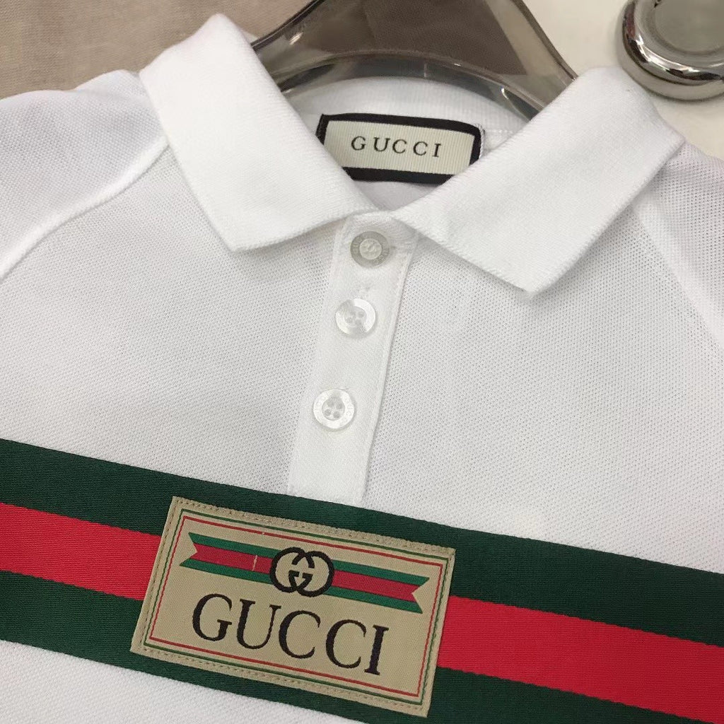 Gucci Kid's Summer Solid Color Striped Cotton Webbing Straight Short Sleeve Fitted Polo Shirt #31274