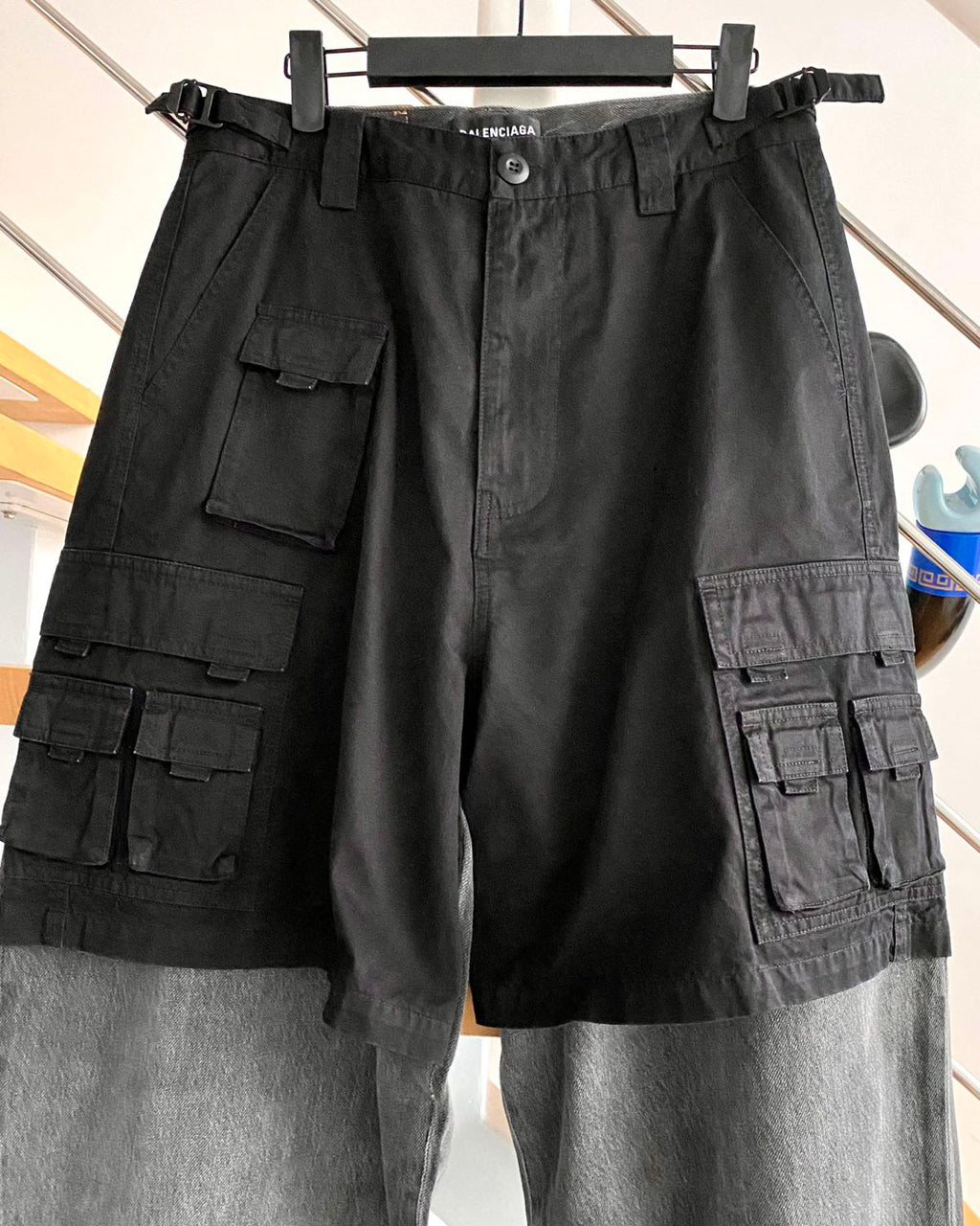 Balenciaga Men's Spring And Autumn Black Multi-Pocket Cotton Loose Work Pants Casual Spliced Denim Pants Ngvp #9165