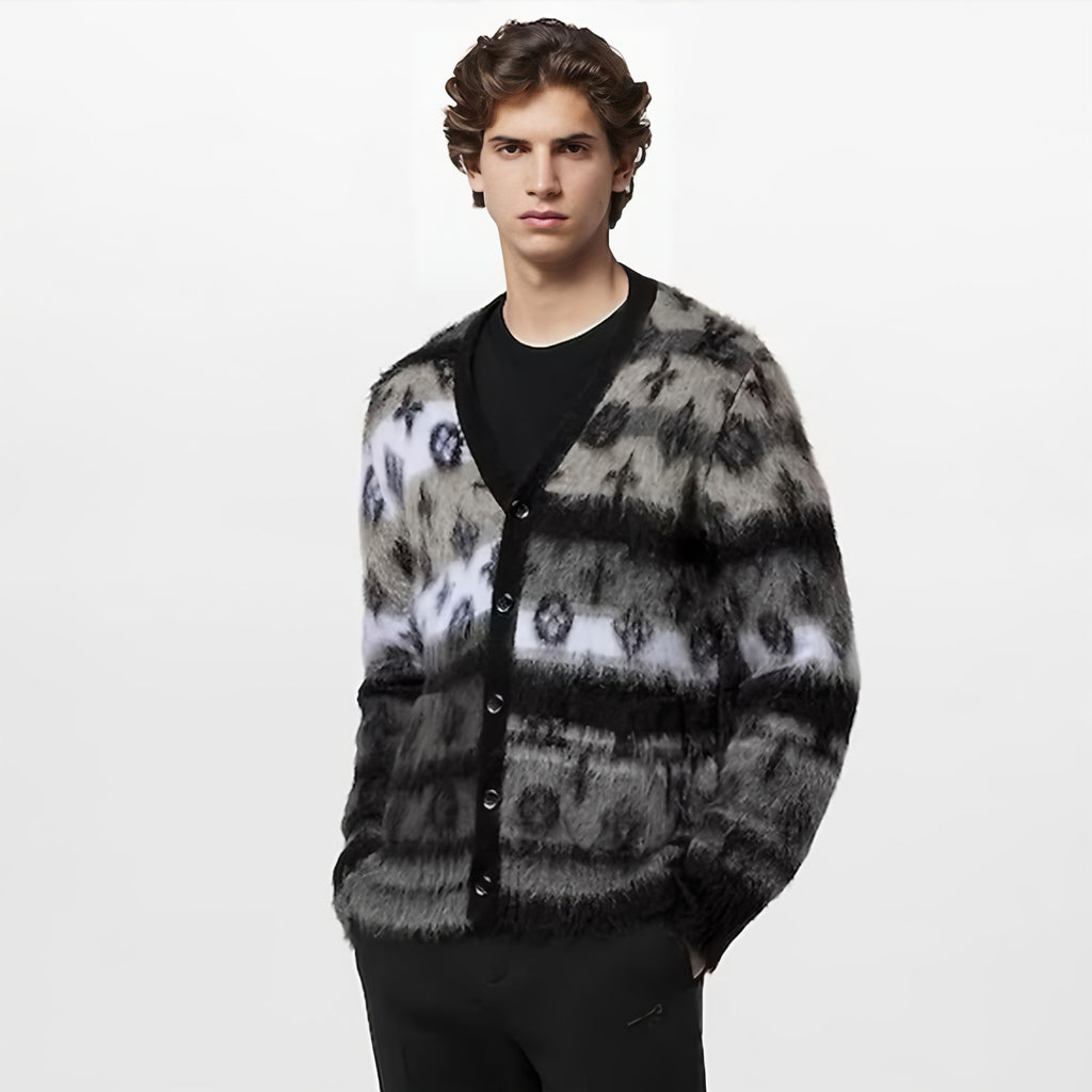 Louis Vuitton Men's Fall And Winter Black And White Jacquard Long Wool Sweater Cardigan Fashion Trend Single-breasted Long-sleeved Jacket #81626