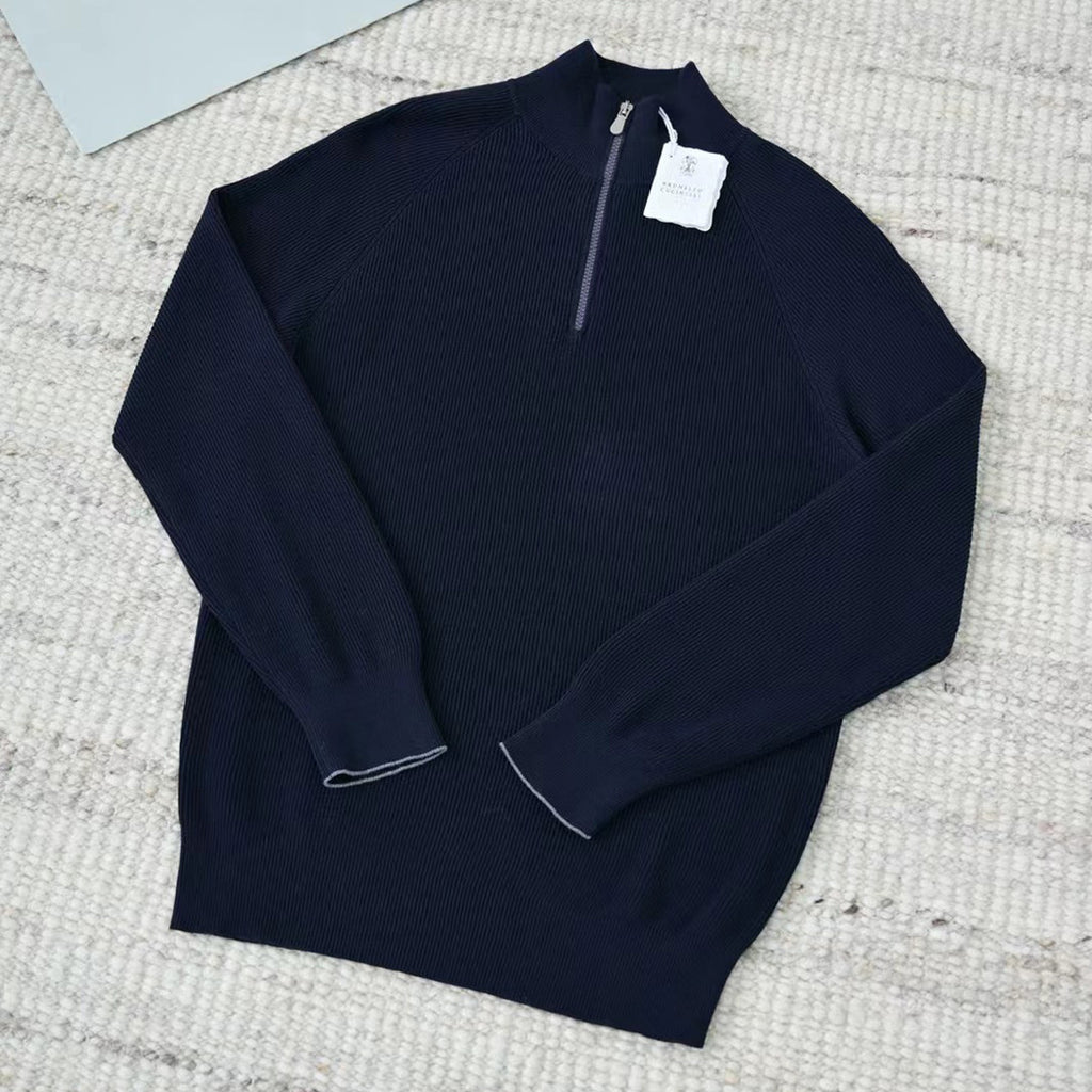 Brunello Cucinelli Men's British-Style Ribbed Cotton Knit Sweater Spring/Fall/Winter Half-Zip High-Neck Solid-Color Long-Sleeve Sweater Ngvp #2525