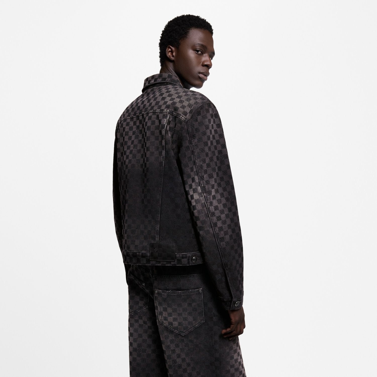 Louis Vuitton Men's Spring Autumn Black Checkered Damier Flocked Suit Lapel Single Breasted Long Sleeve Jacket Straight Wide Leg Trousers Suit Set #81138