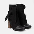 Lemaire Women's Canvas Leather High-Heeled Short Boots. Spring And Autumn Solid Color Bow Round Toe Lace-Up Thick Heel Casual Shoes Ngvp #2147