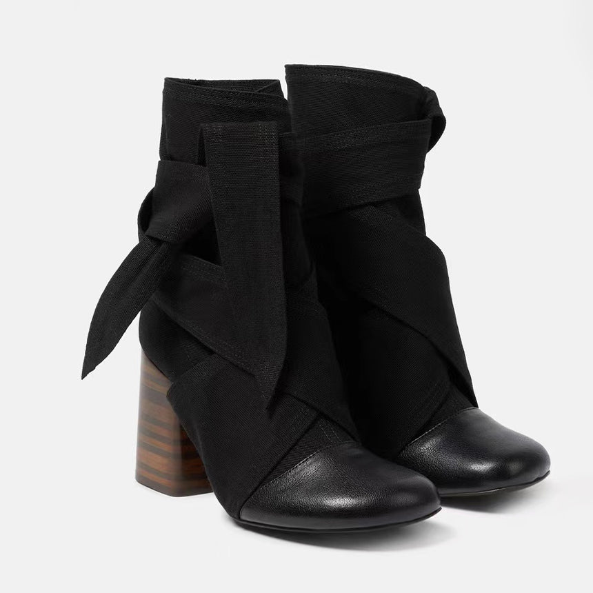 Lemaire Women's Canvas Leather High-Heeled Short Boots. Spring And Autumn Solid Color Bow Round Toe Lace-Up Thick Heel Casual Shoes Ngvp #2147