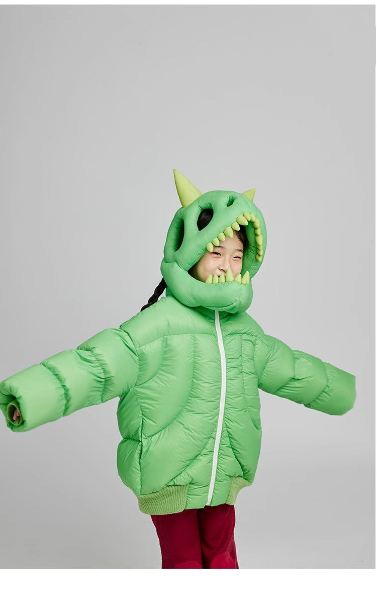 Kid's Autumn And Winter Solid Color Three-Dimensional Cutting Dinosaur Cap Hooded Loose Long-Sleeved Puffer Down Jacket #31323