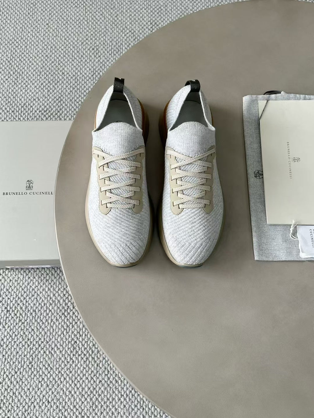 Brunello Cucinelli  Men's Spring Autumn Knitted Cotton Fabric Patchwork Semi-Polished Calfskin Sneakers Fashion Comfort Sports Running Shoes #81233