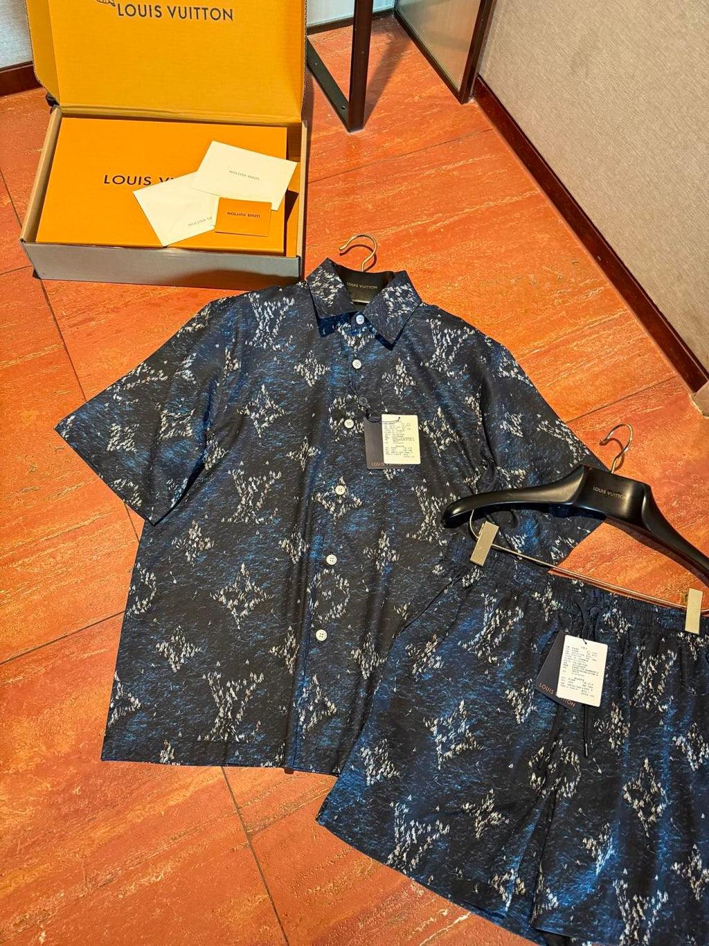Louis Vuitton Men's Summer Logo Print Single Breasted Silk Short Sleeved Shirt And Casual Drawstring Shorts Suit Set #76997