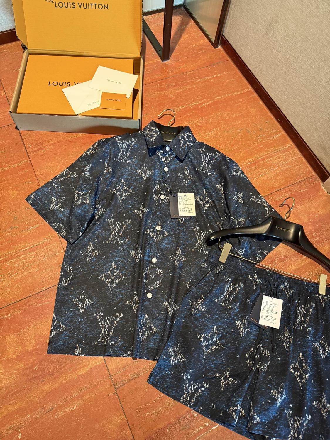Louis Vuitton Men's Summer Logo Print Single Breasted Silk Short Sleeved Shirt And Casual Drawstring Shorts Suit Set #76997