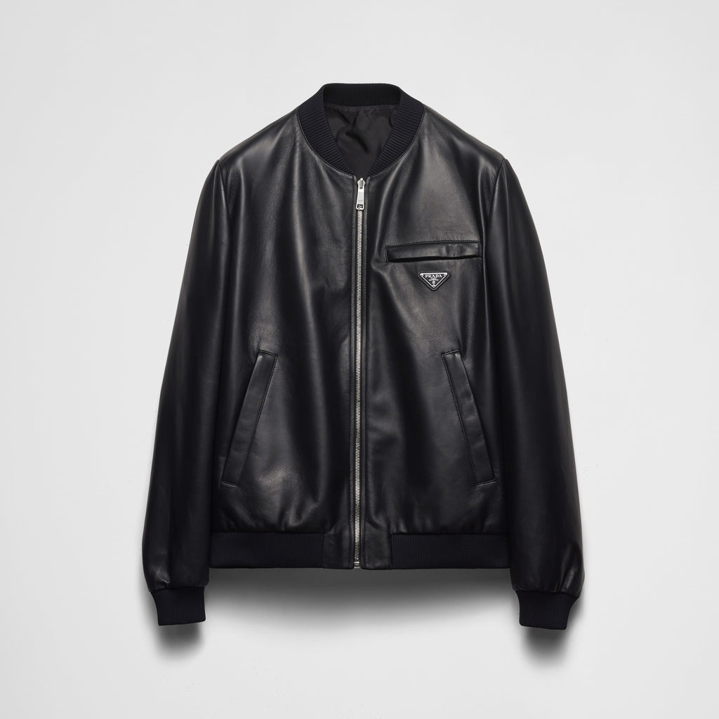 Prada Men's Fall/Winter Fashion Classic Solid Color Leather Crew Neck Zip Up Reversible Leather Plain Weave Jacket #79345