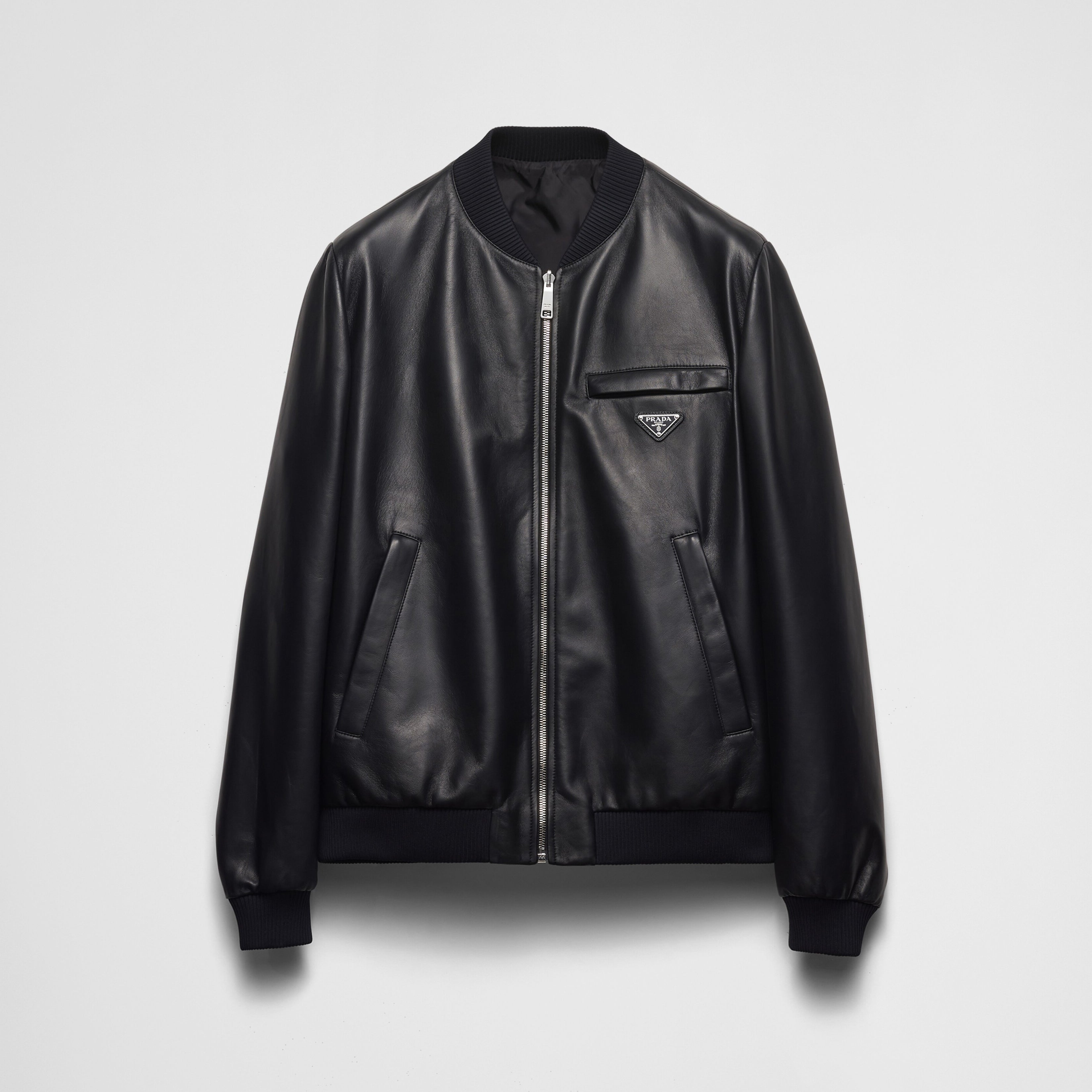 Prada Men's Fall/Winter Fashion Classic Solid Color Leather Crew Neck Zip Up Reversible Leather Plain Weave Jacket #79345
