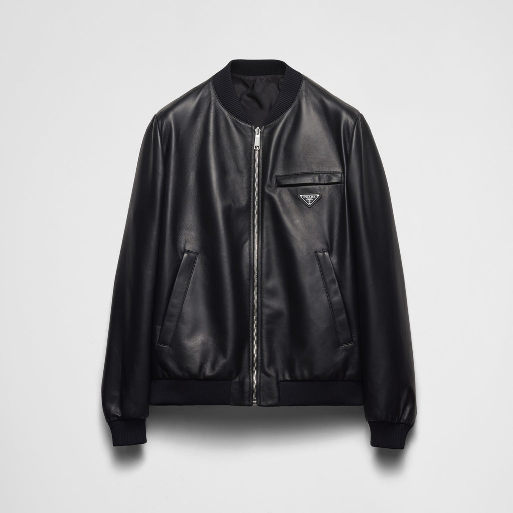 Prada Men's Fall/Winter Fashion Classic Solid Color Leather Crew Neck Zip Up Reversible Leather Plain Weave Jacket #79345