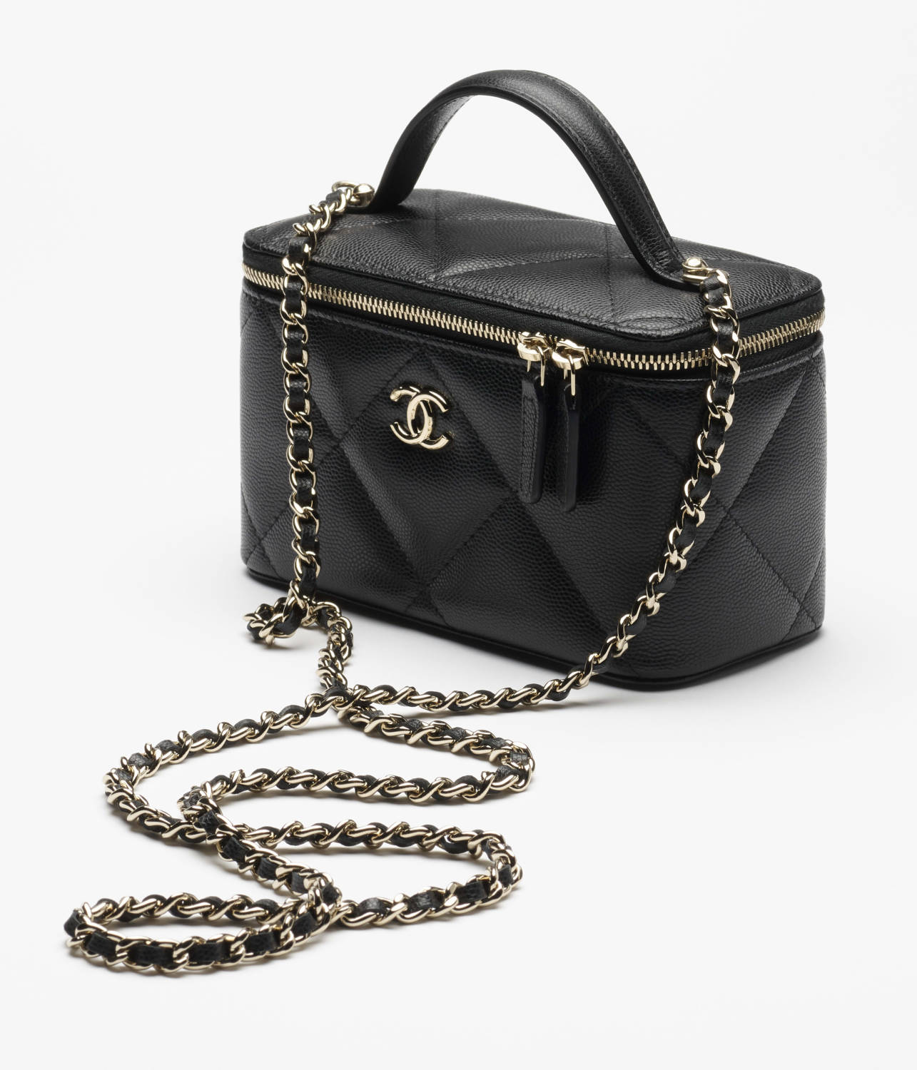 Chanel Long Vanity With Chain Grained Shiny Calfskin Gold Tone Metal Black #332777