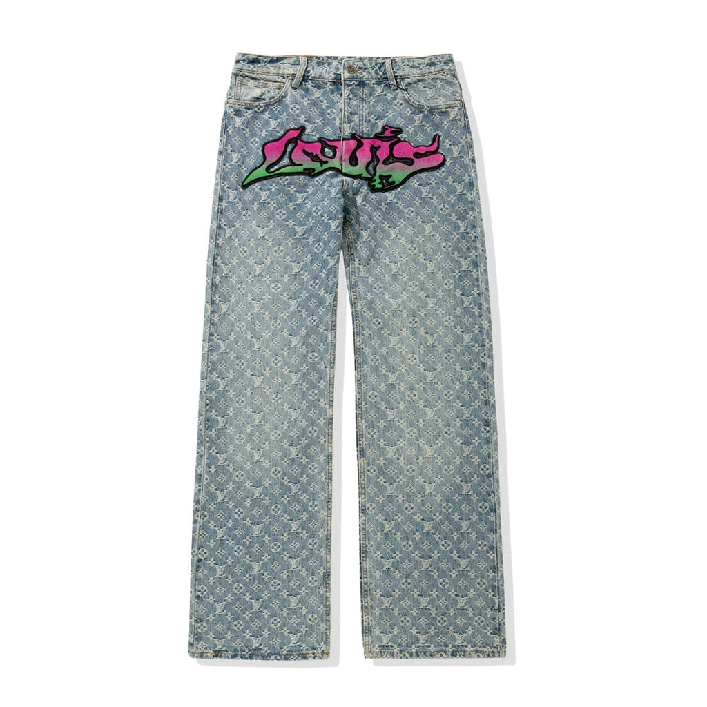 Louis Vuitton Men's Spring and Autumn Blue Logo Full Print Letter Graffiti Jeans Pants #73256