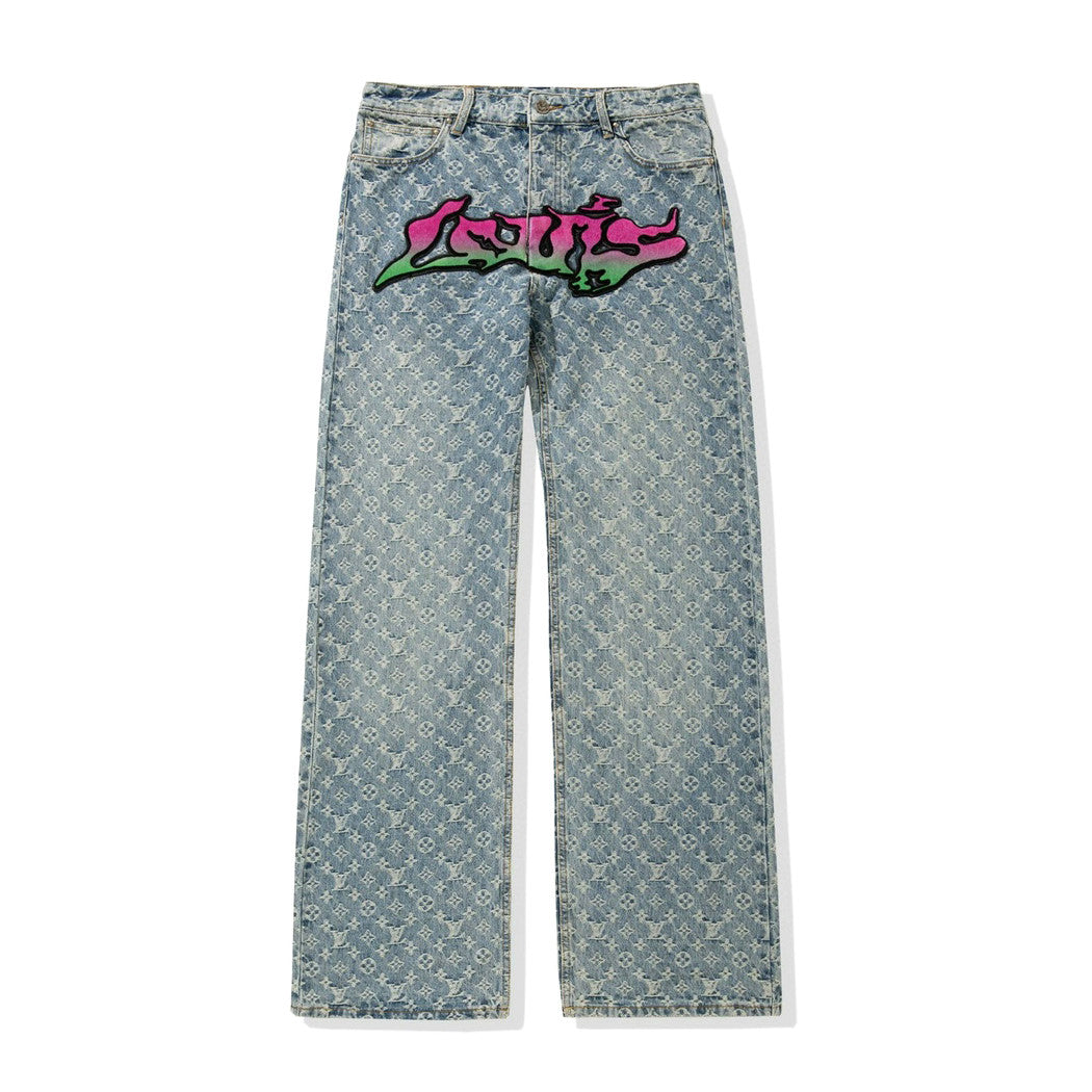Louis Vuitton Men's Spring and Autumn Blue Logo Full Print Letter Graffiti Jeans Pants #73256