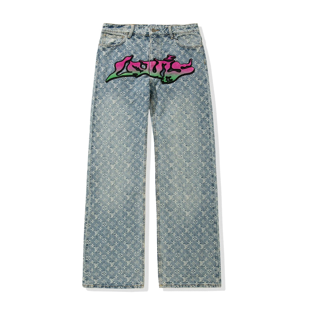 Louis Vuitton Men's Spring and Autumn Blue Logo Full Print Letter Graffiti Jeans Pants #73256