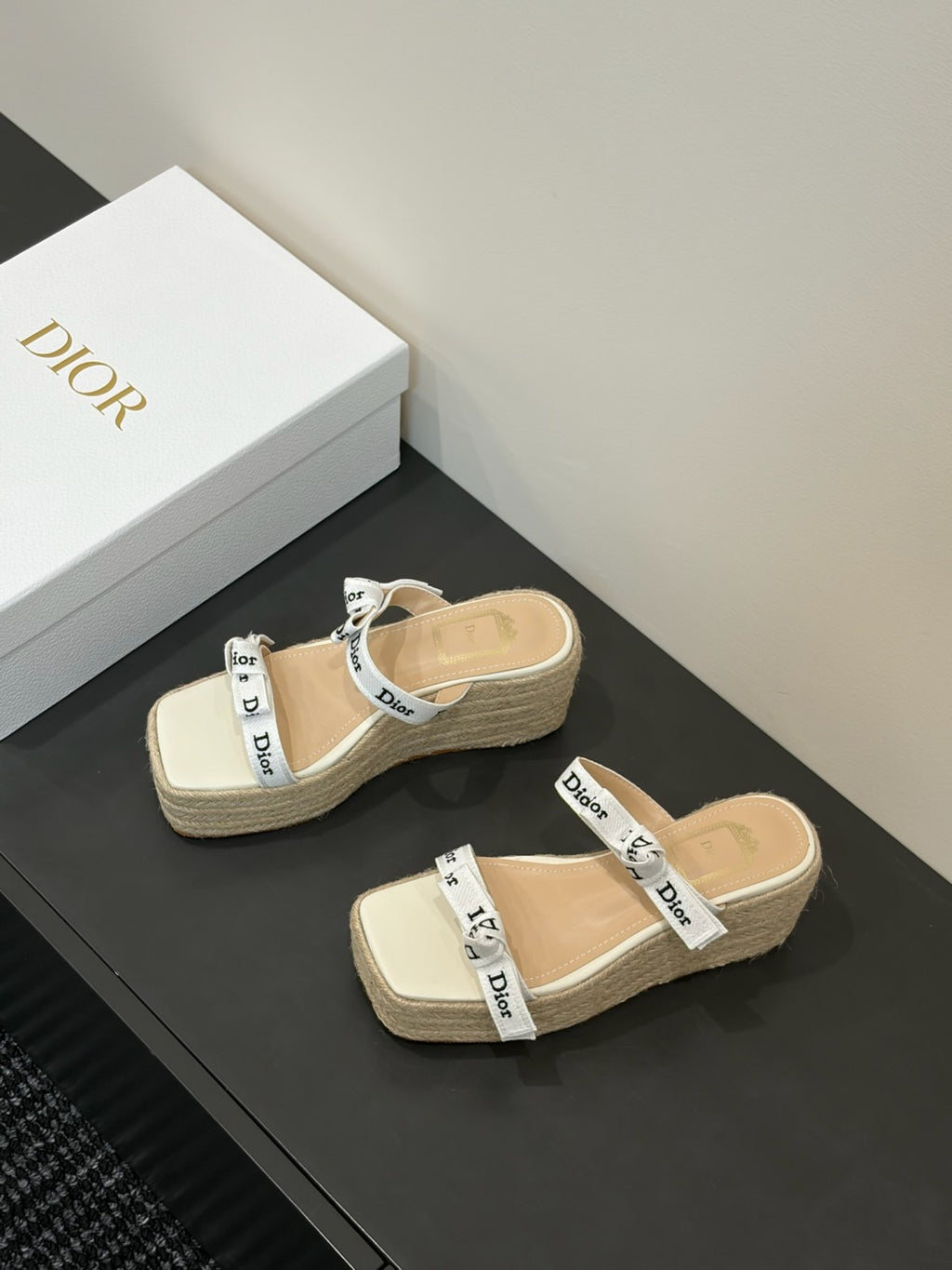 DIOR J Adior Wedge Slide with Straps White Embroidered Cotton and Natural Raffia #386876