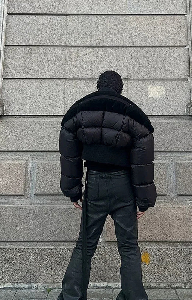 Rick Owens Men's Dark Style Short Splicing Puffer Down Jacket Autumn And Winter Solid Color Zipper Collarless Jacket #81336