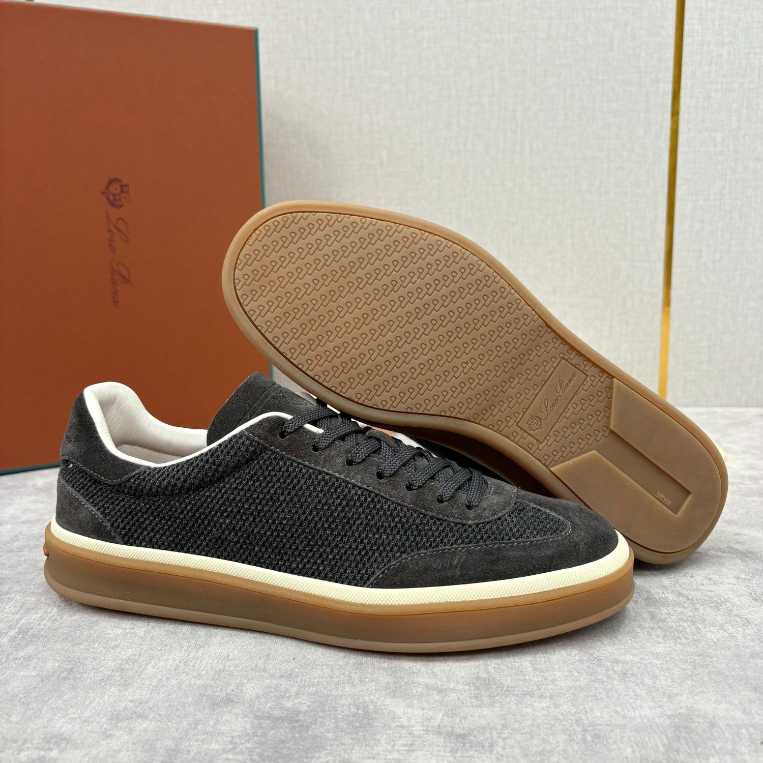 Loro Piana Men's Spring/Fall Fashion Casual Round Toe Lace Up Low Top Leather Patch Sneakers Breathable Mesh Patch Fabric Casual Shoes #79242