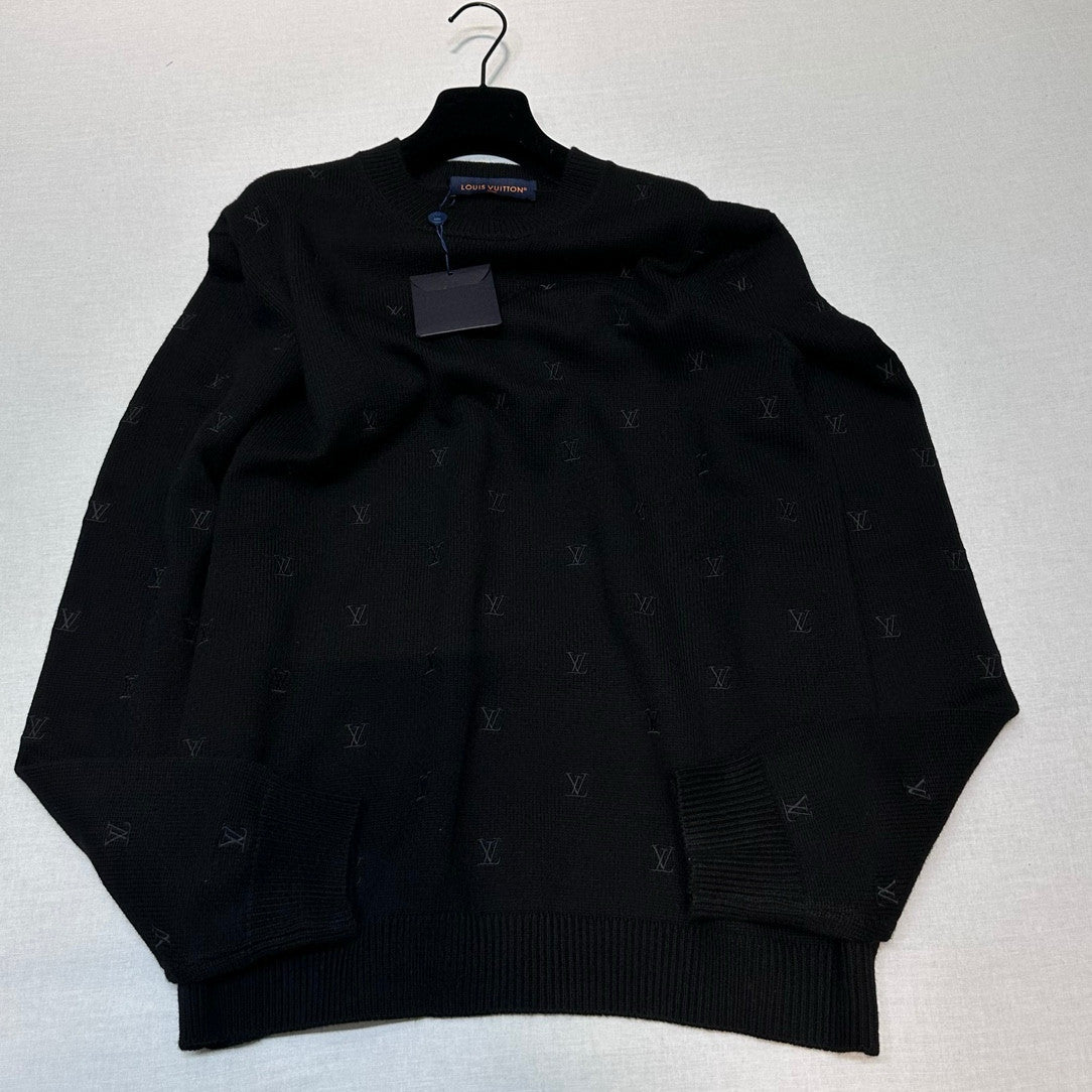 Louis Vuitton Men's Fall And Winter Black Long Sleeve Logo Embroidered Signature Merino Crewneck Sweater #98236