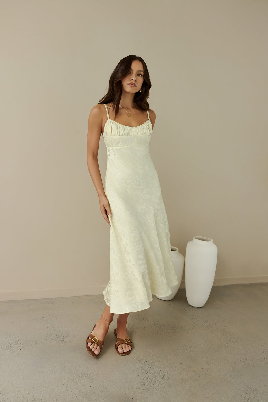 Kaiya Jacquard Satin Midi Dress Yellow
