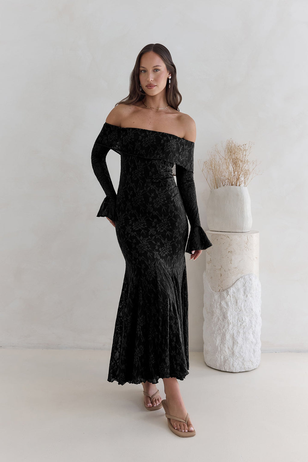 Here For Love Off Shoulder Mesh Maxi Dress Black