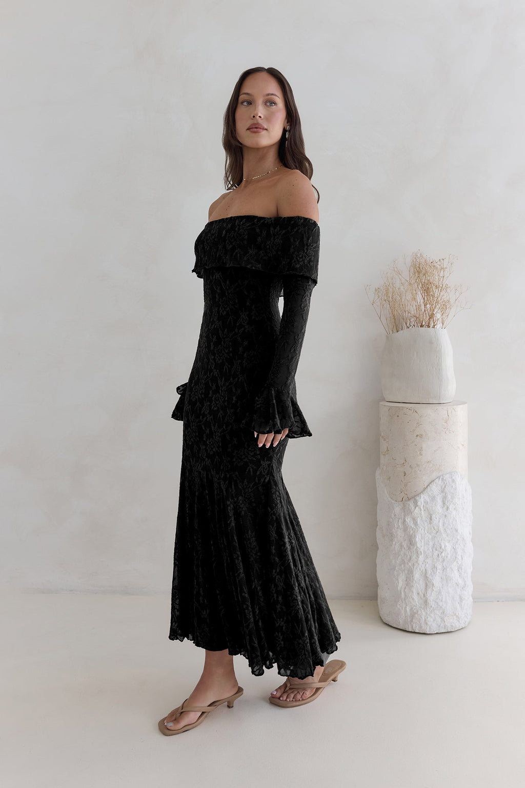 Here For Love Off Shoulder Mesh Maxi Dress Black