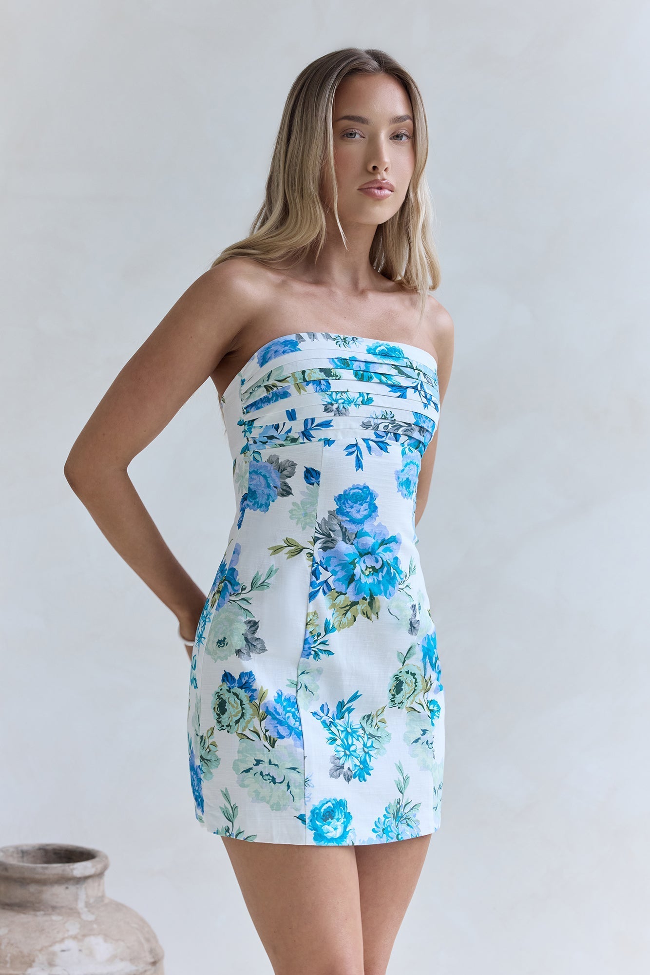 Rose Drift Strapless Mini Dress Blue