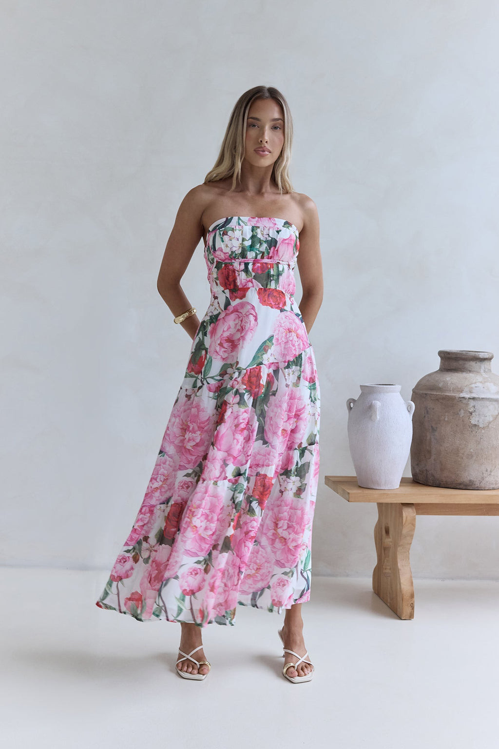Bouquet In Bloom Strapless Maxi Dress Pink