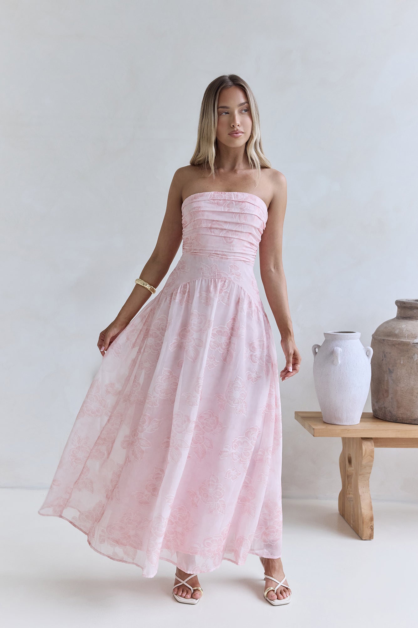 Cloud Kissed Paths Strapless Maxi Dress Pink