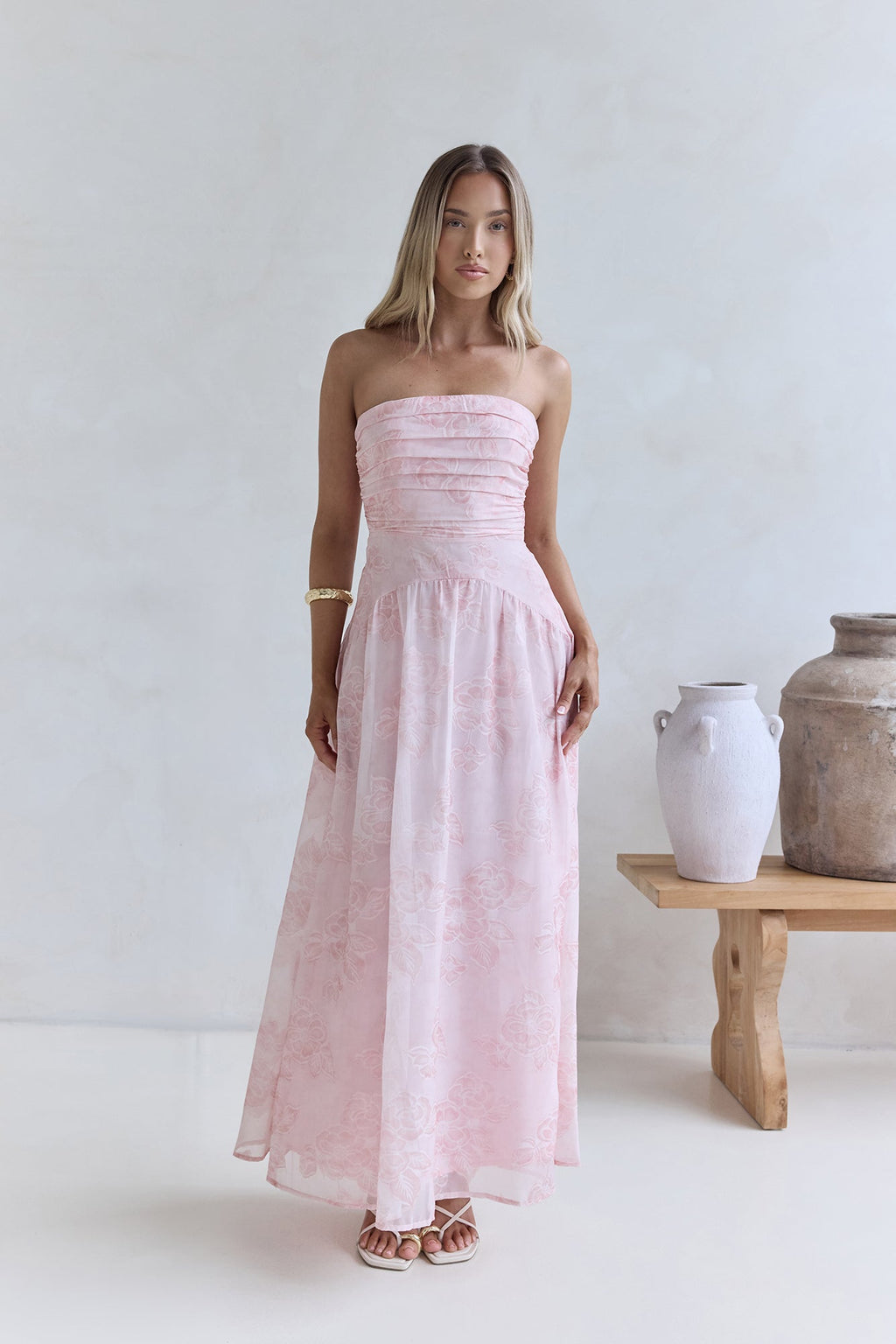 Cloud Kissed Paths Strapless Maxi Dress Pink