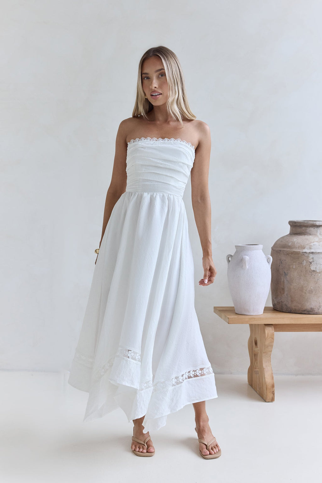 Lucia Strapless Midi Dress White