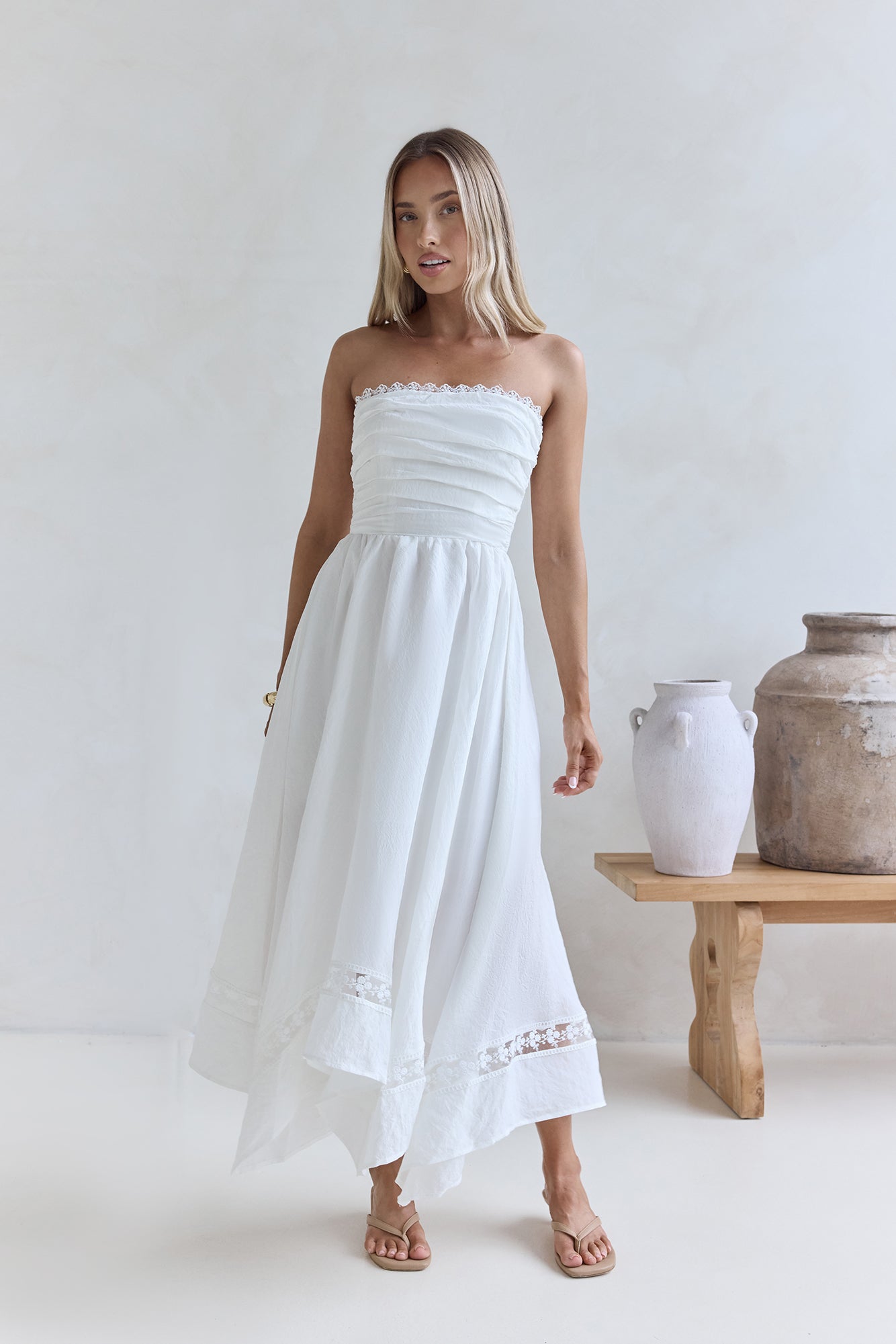 Lucia Strapless Midi Dress White