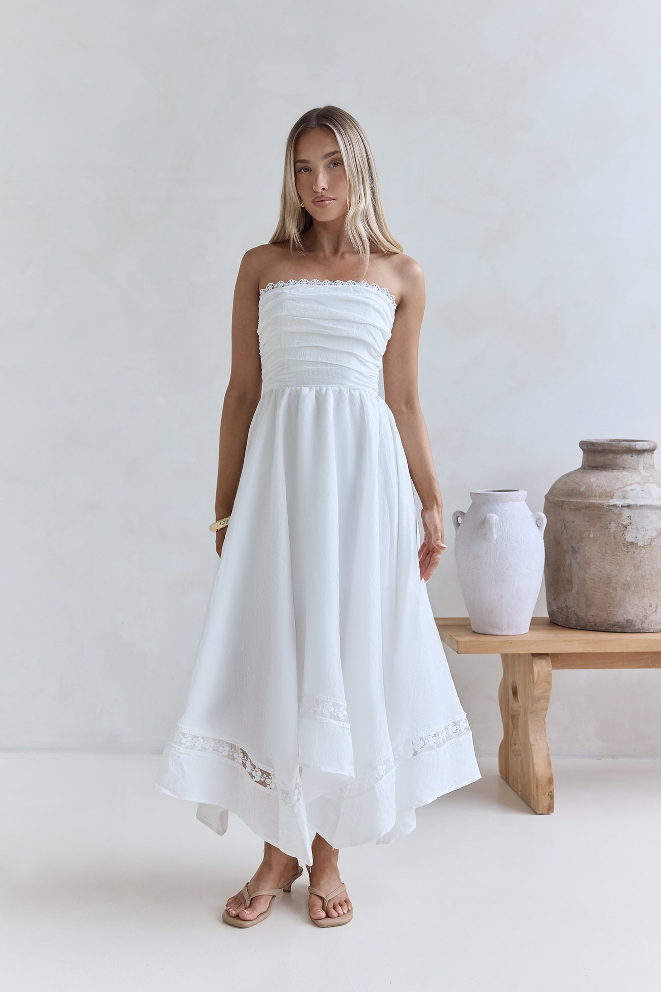 Lucia Strapless Midi Dress White