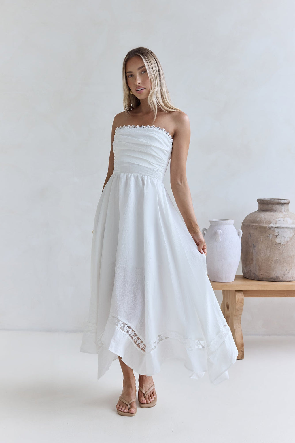 Lucia Strapless Midi Dress White