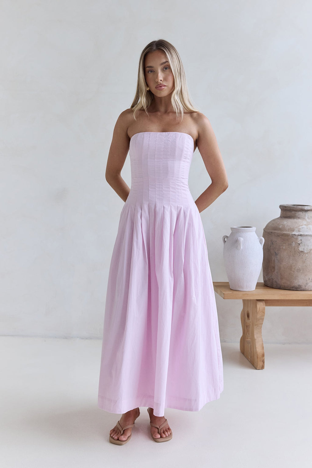 Sunshine Serenity Strapless Midi Dress Pink